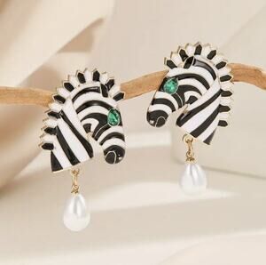 Zebra Head Earrings Zara Striped Gold Plated Enamel Dangle Boho Animal Horse CZ